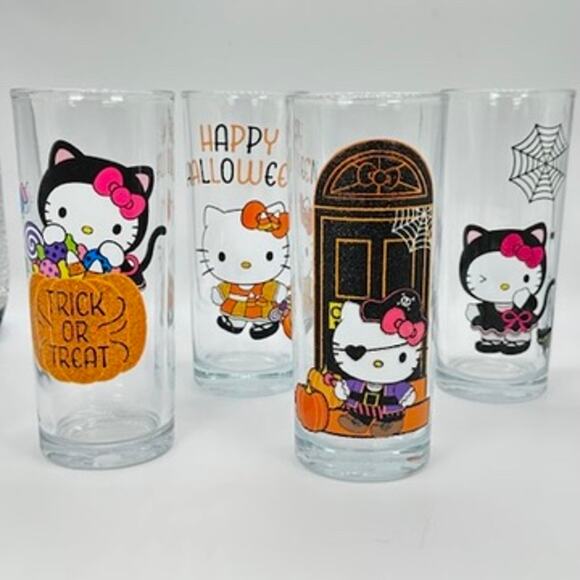 Hello Kitty Halloween Drinking Glasses Glassware Set of 4 Pumpkin Spider Cat New - Picture 3 of 13